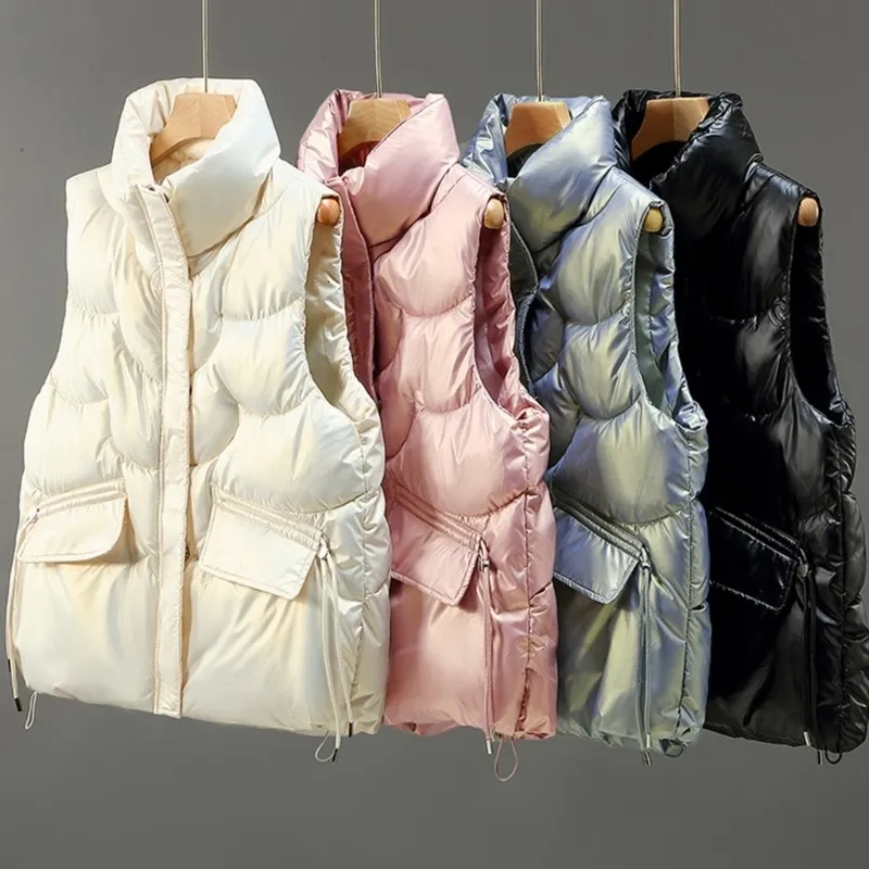 Giacca da donna Senza maniche Caldo Piumino Gilet Capispalla Colletto alla coreana Cerniera Gilet imbottito lucido solido Gilet con tasche D10 22 Drops 230908