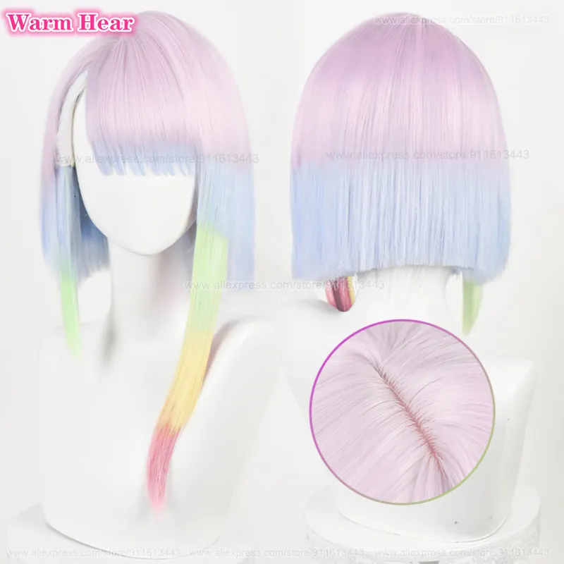 Cosplay Wigs High Quality Anime 45cm Lucy Cosplay Wig Anime Cosplay Multicolor Gradient Wig Hair Heat Resistant Lucy Rebecca Wigs Wig Cap 230908