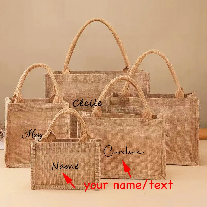 Sacos de compras Nome personalizado Saco de juta Mulheres Bolsa Burlap Shopping Tote Boutique Business Imprimir Giveaway Festa de Casamento Sacos de Presente Loja 230908