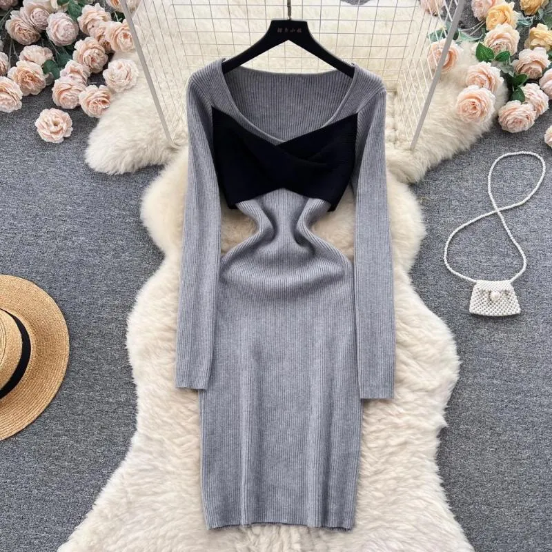 Casual Dresses Autumn Knitting For Women V-neck Long Sleeve Patchwork Skinny Vestidos French Chic Versatile Ladies Dress Drop