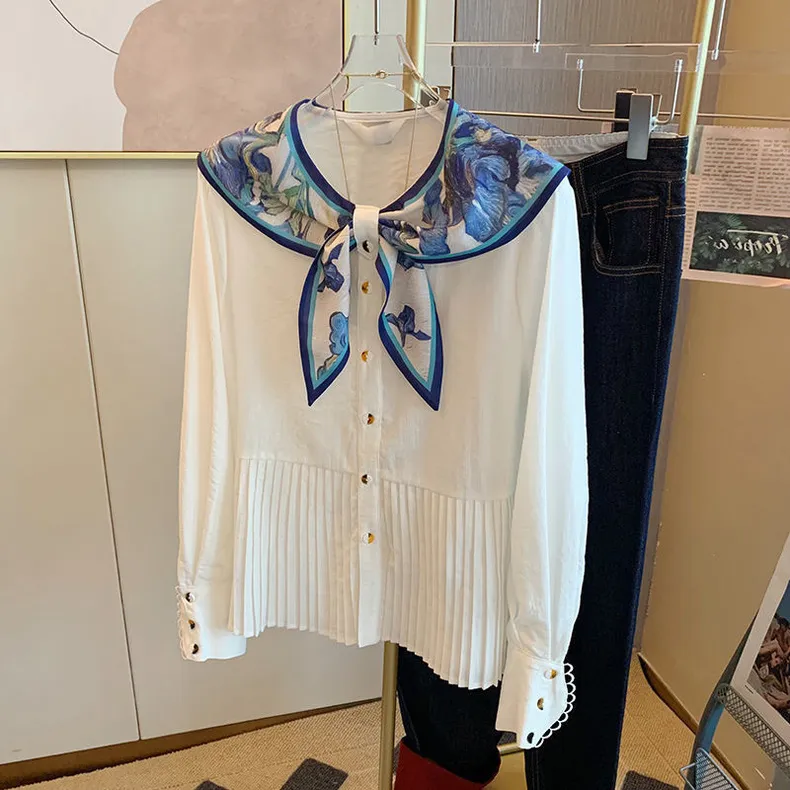 Women's new design color block print sailor collar long sleeve loose college style blouse shirt SMLXL