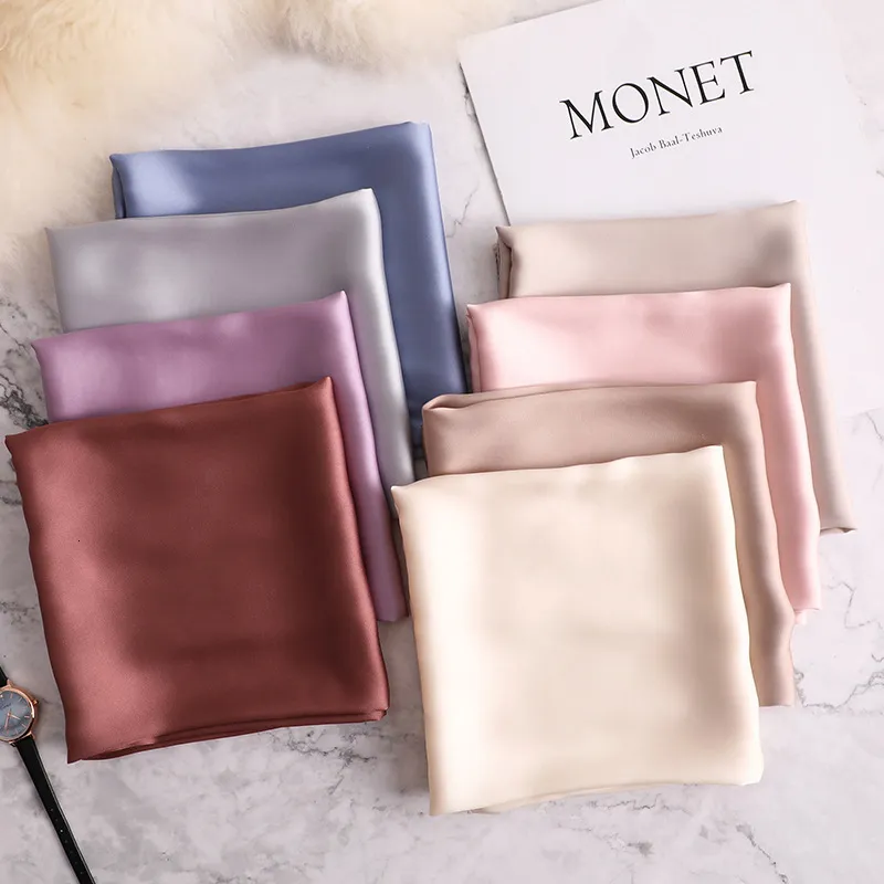 Scarves Fashion Summer Silk Square Scarf Solid Women Satin Neck Hair Tie Band Soft Beach Hijab Head Female Foulard Free Shiping 230909