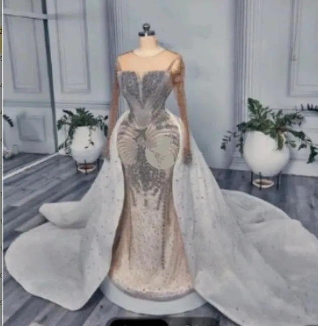 2023 Arabic Aso Ebi Luxurious Mermaid Wedding Dress Crystals Beaded Detachable Train Sexy Bridal Gowns Dresses ZJ220