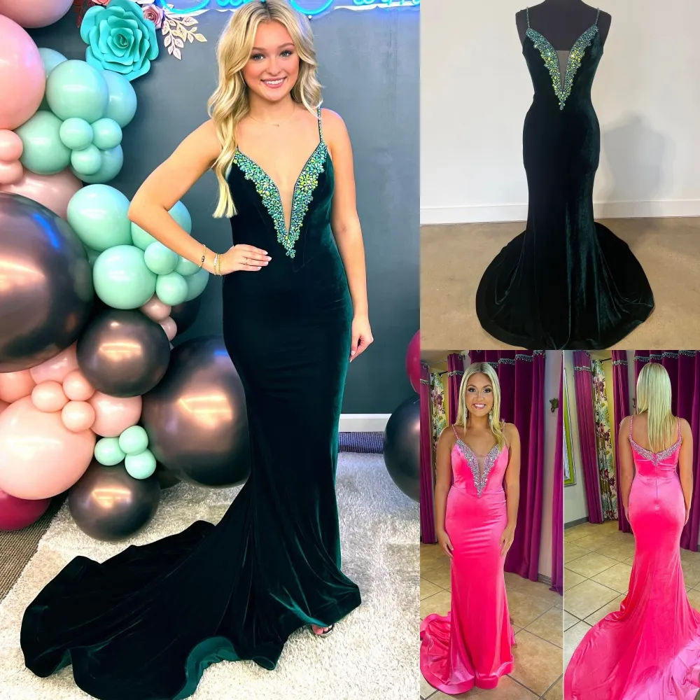 Stretch Velvet Evening Dress 2024 Long Deep V-Neck Crystals Pageant Prom Birthday Formal Cocktail Party Gown for Lady Saudi Arabia Emerald Flamingo Custom