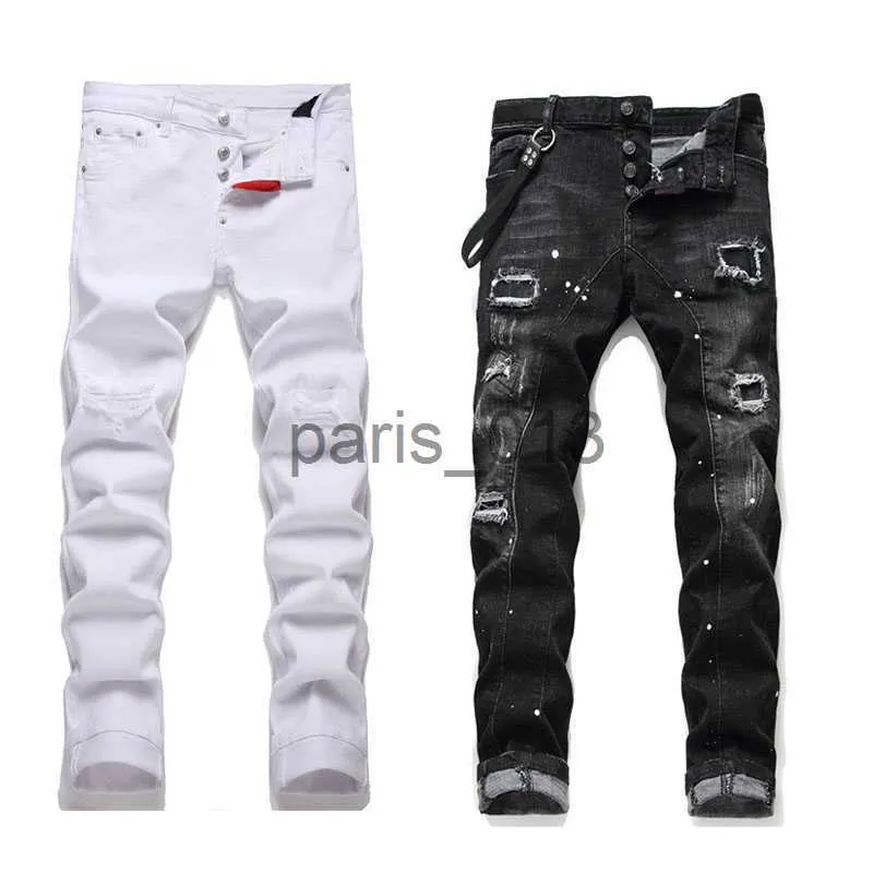 Mens Jeans Designer Jeans Man kvinna Skinny passar denim byxor blå knä rippade byxor med brevhål smala cyklist moto rak ben modebesvär hip hop pantalon