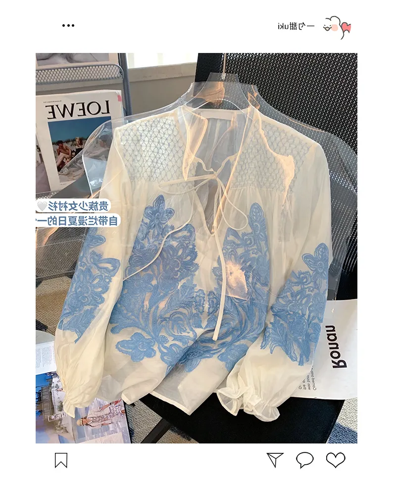 Nuovo chiffon femminile in chiffon a maniche nazionali a maniche blu floreale camicia desinger top SML