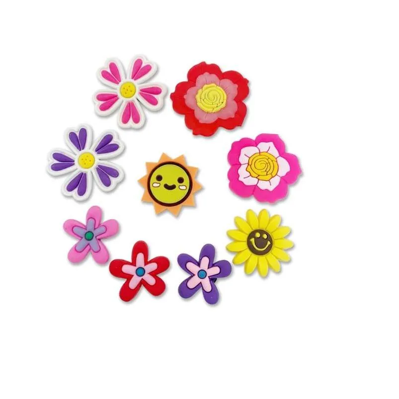 Peças de sapato acessórios nova flor dos desenhos animados pvc borracha encantos tamanco jibz ajuste pulseira botões decorações presente entrega gota dhyav