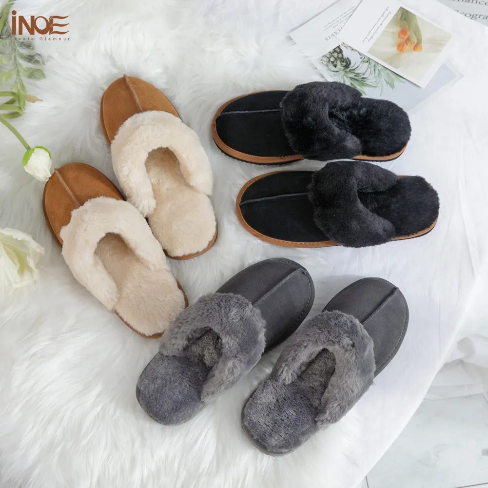 Pantoufles INOE vache daim cuir peluche fourrure doublé femmes décontracté hiver pantoufles demi intérieur maison chaussures chaud confortable maison loisirs appartements 230908