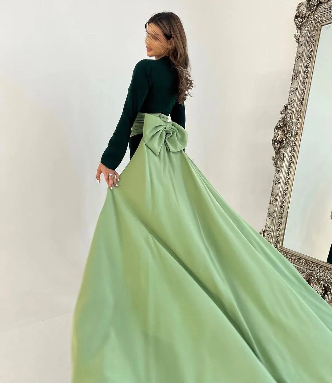 Contrast Green Satin Jumpsuit Evening Dress V-Neck 3/4 Sleeve Ankle-Length  Gown with Detachable Train from Dhgate Evening Dresses - price 108.12