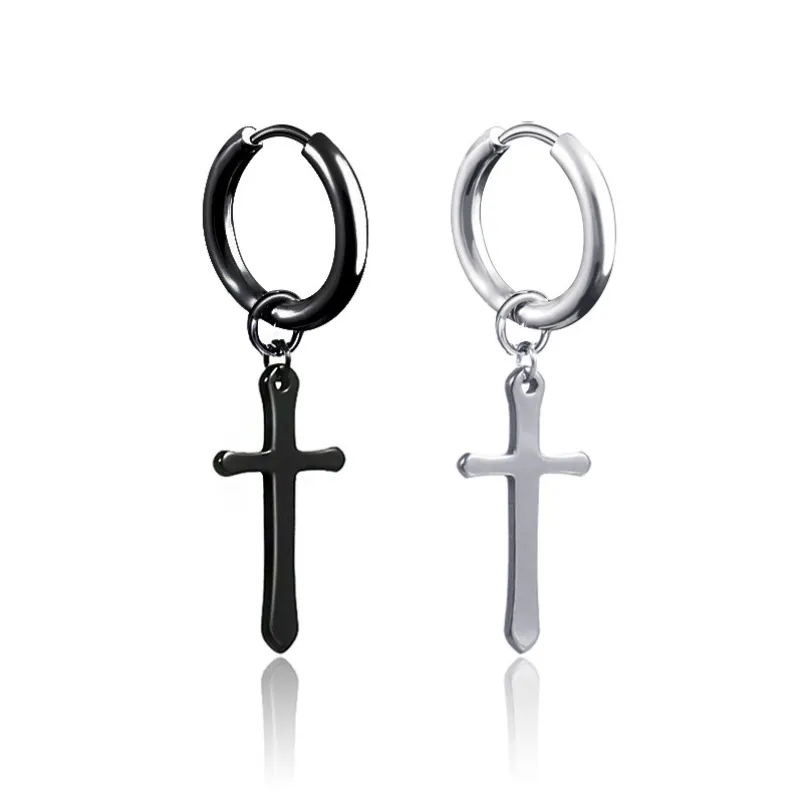 Mettre à jour les boucles d'oreilles croisées en argent noir en acier inoxydable Jésus traverse des boucles d'oreilles de cerceau Clip sur la manche à oreille pendante pour femmes bijoux de mode hip hop man