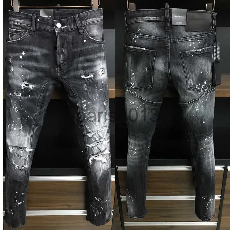 Jeans masculinos preto cristal patch jeans homem desbotado pintado rip x0911