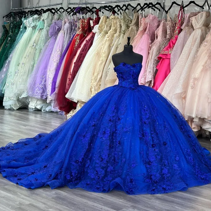 Blu lucido principessa tulle abito di sfera abiti quinceanera meninas de 15 anos appliques perline 3dflower abiti da debuttante