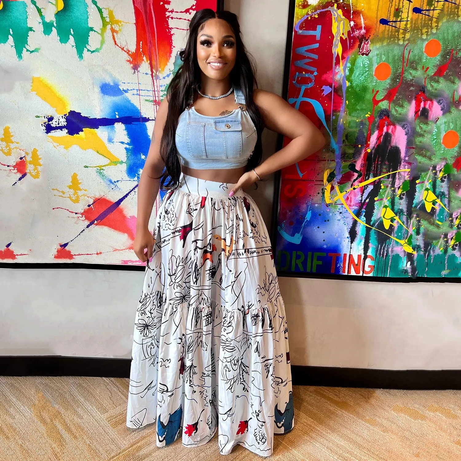 Women s Casual High Waist Long Maxi Skirt Graffiti Print Ball Gown Skirts Free Shipping