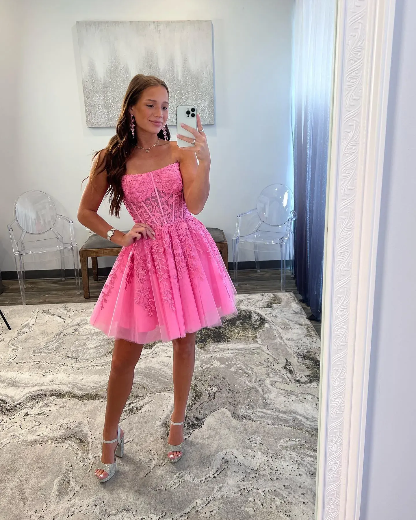 2023 Hot Pink Lace Applique Strapless Plus Size Prom Dresses With