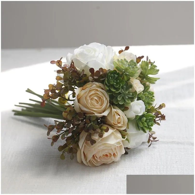 装飾的な花の花輪シミュレーションローズ人工シルクフラワーバンチウェディング花嫁の手花束家装飾アクセサリーテーブルotqky