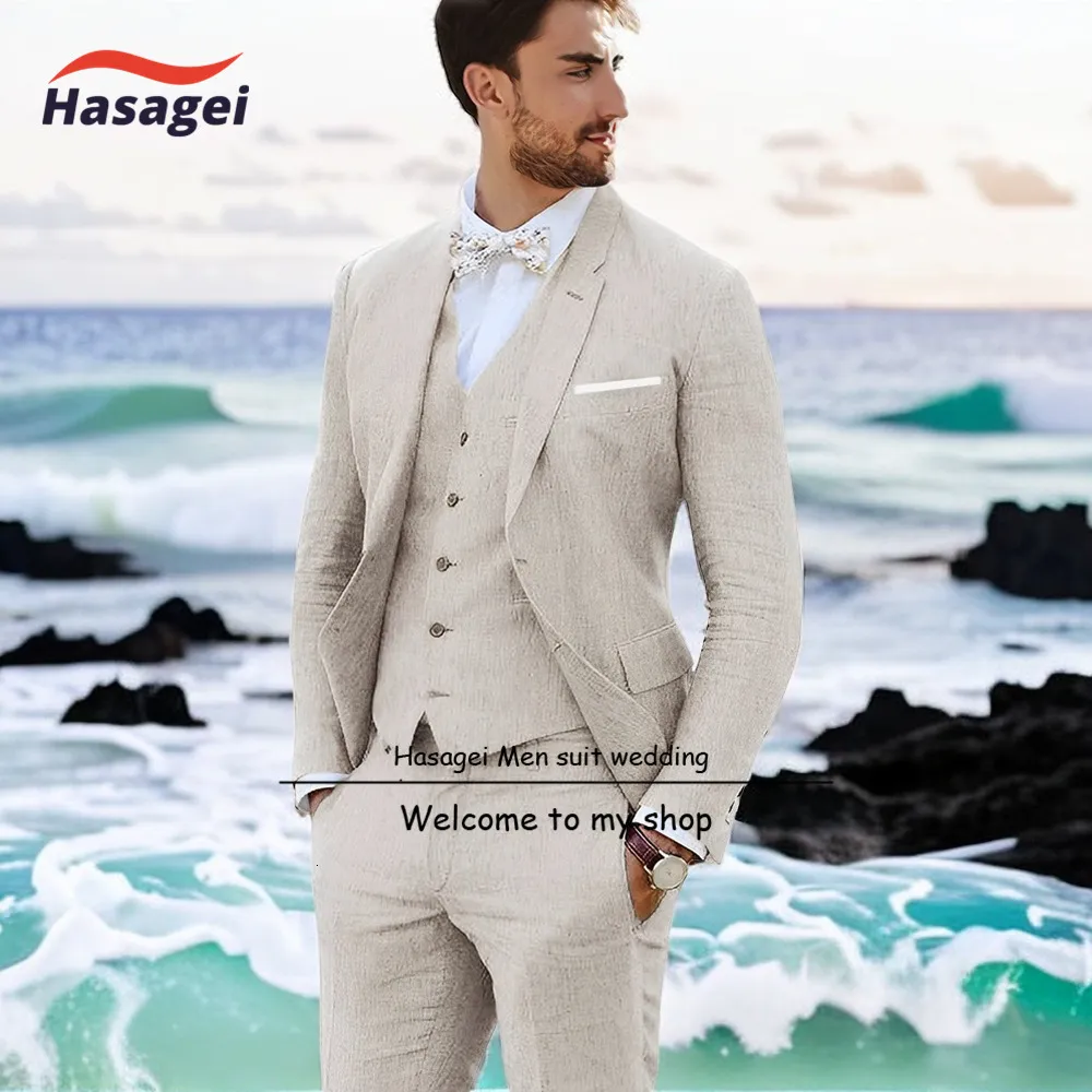 Męskie garnitury Blazers Summer Linen Suit for Men Beach Wedding Wedding Tuxedo Panto Kamizelka 3 -Scech Set Groom Dostosowany Blazer 230909