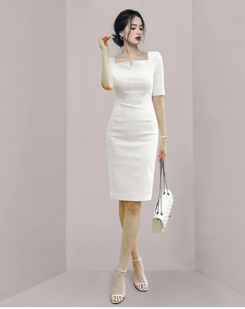 Basic Casual Dresses Womens New White Slim Formal Sheath Bodycon Pencil Dress Business Office Lady Evening Party Dresses Work Vestidos 2024