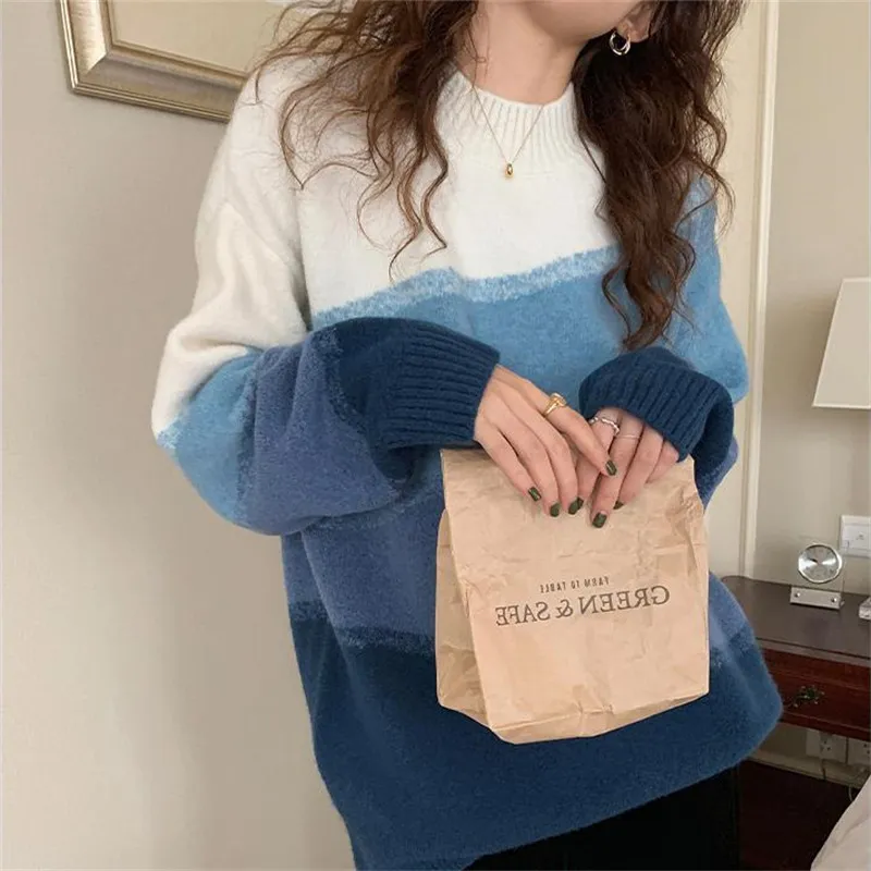 Women's Sweaters Gradient Color Mid-Length Sweater Womens Autumn and Winter Design Sense Niche Loose Idle Style Soft Glutinous Knitted Top