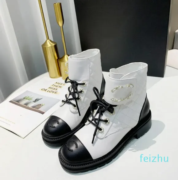 Chunky Platform Flats Combat Boots Low Heel Lace-Up Booties Leather Chains Buckle Women Luxury Designers Shoes Factory Footwear