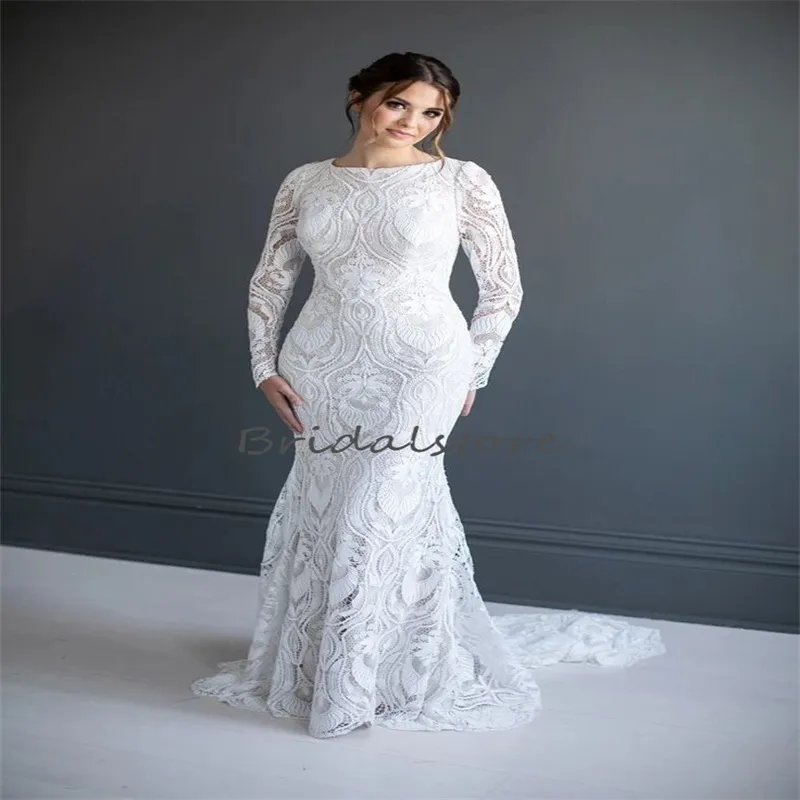 Plus Size Crochet Lace Wedding Dress 2023 Long Sleeve Mermaid Bohemian Sweep Train Korean Muslim Bridal Gowns Boho Gatsby Bride robe mariee Femme vestido de noiva