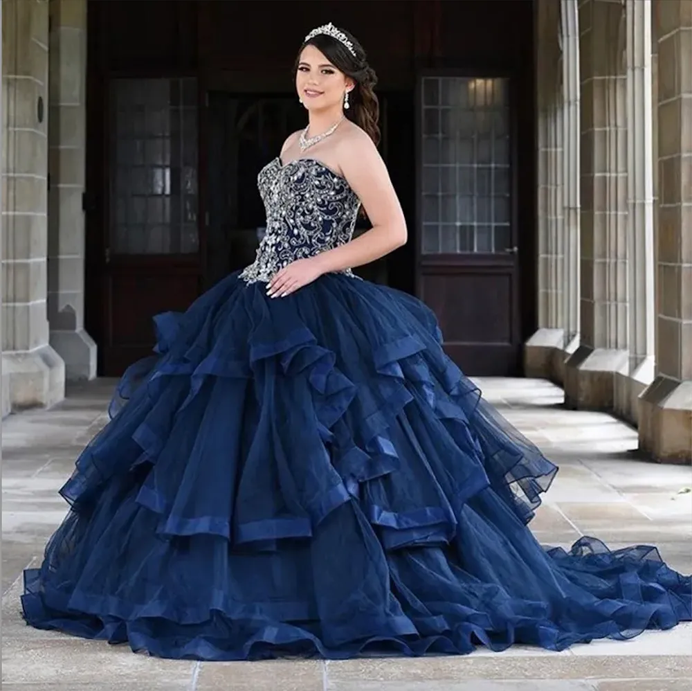 Marinblå quinceanera klänningar älskling pärlor kristall ruffles kjol prom klänning mantel de soiree vestidos de 15 anos