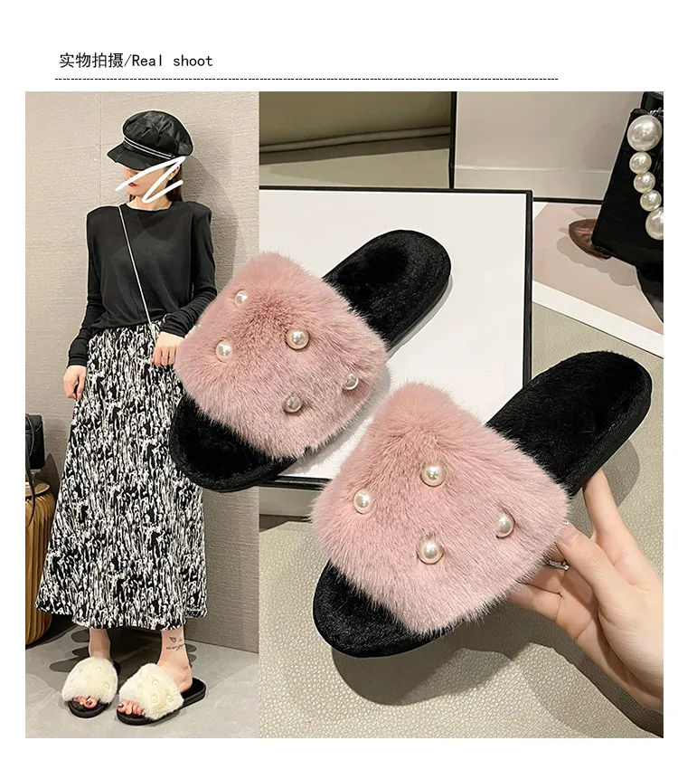 Fur flat bottom slippers women`s fashion flip flops home big fur pearl opening cotton slippers cross-border Foreign trade new style