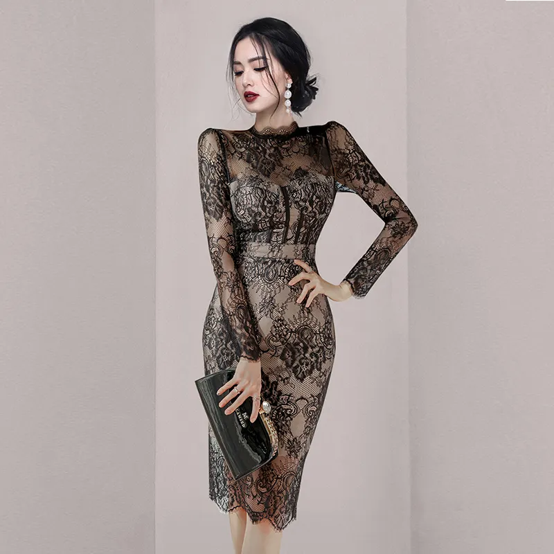 Basic Casual Dresses Summer Spring New See Through Lace Vestidos Korean Fashion Crochet Flowers Pencil Dress Elegant Simple Party Women Dresses 2024