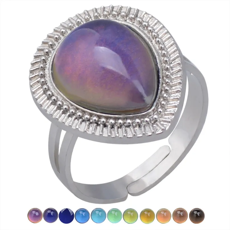 Update Retro Temperatuurmeting Ring Sensing Veranderende Kleur Waterdruppel Hart Mood Ring Vrouwen Mode-sieraden