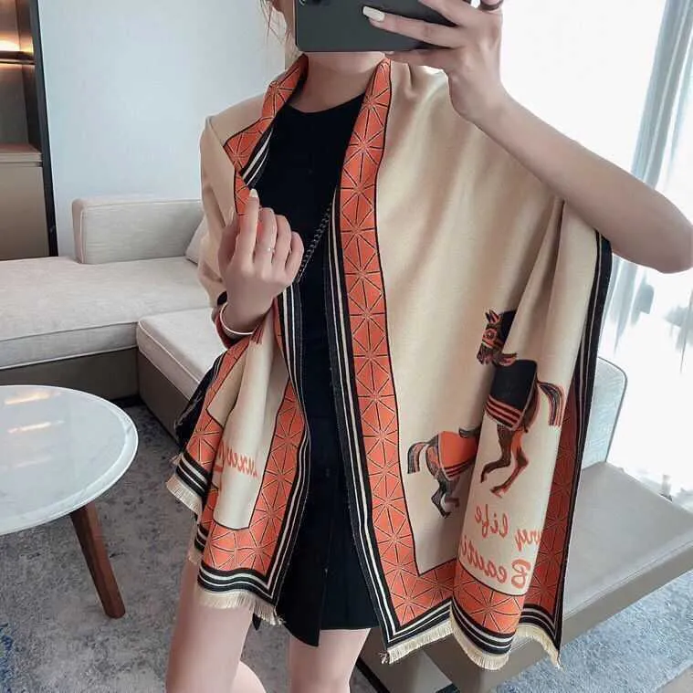 New style imitation cashmere scarf for women in autumn and winter animal pony warm and thickened long dual color shawl for women