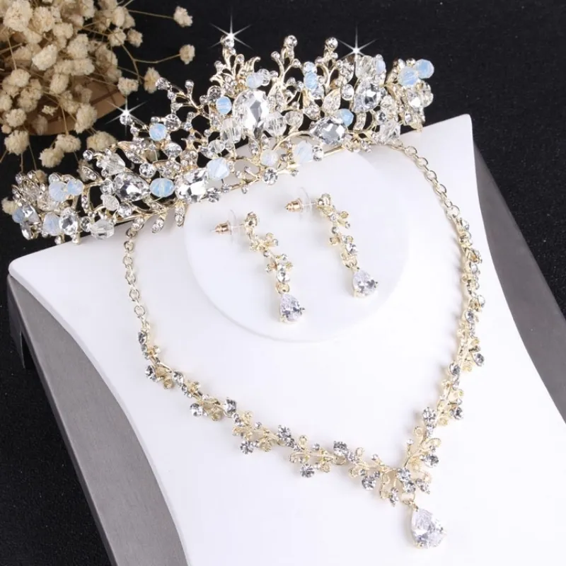 Wedding Hair Jewelry Baroque Crystal Bridal Set Vintage Gold Color Tiara Crown Necklace Earring For Women Bride Gift 230909