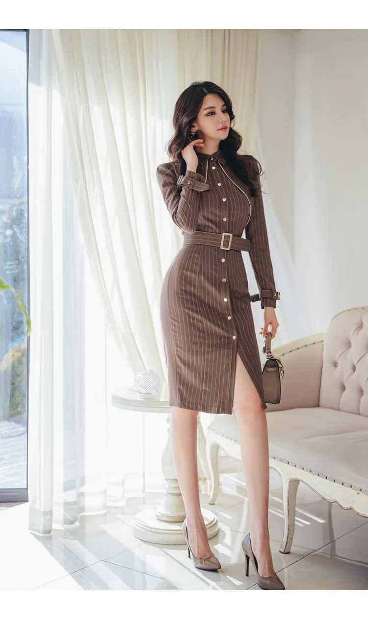 Minimalist Striped Pencil Dress Elegant Slim Fit Workwear for Women