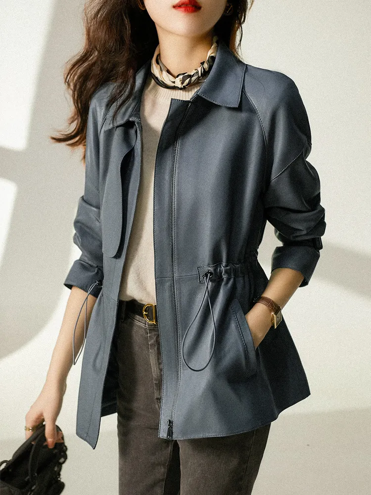 2023 New Genuine Leather Clothes Womens Short Autumn Genuine Leather Sheepskin Square Collar Fashion Drawstring Korean Coat