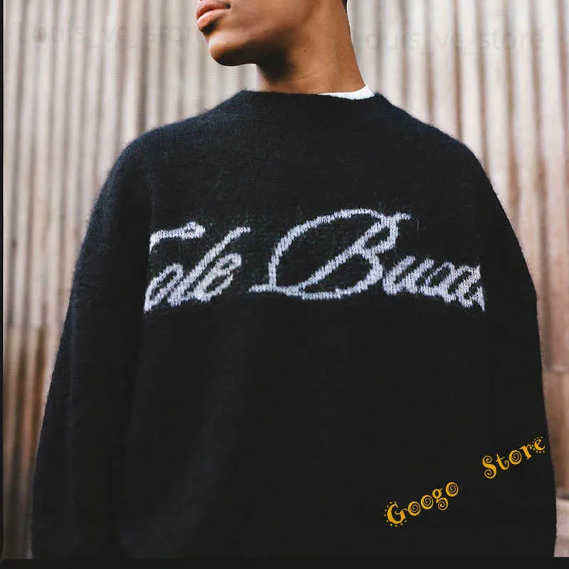 Mens Sweaters High Street Casual Fashion Scrawled Slogan Jacquard
