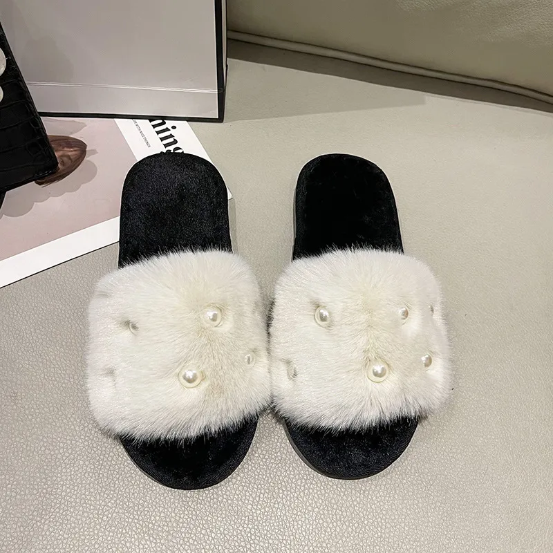 Fur flat bottom slippers women`s fashion flip flops home big fur pearl opening cotton slippers cross-border Foreign trade new style