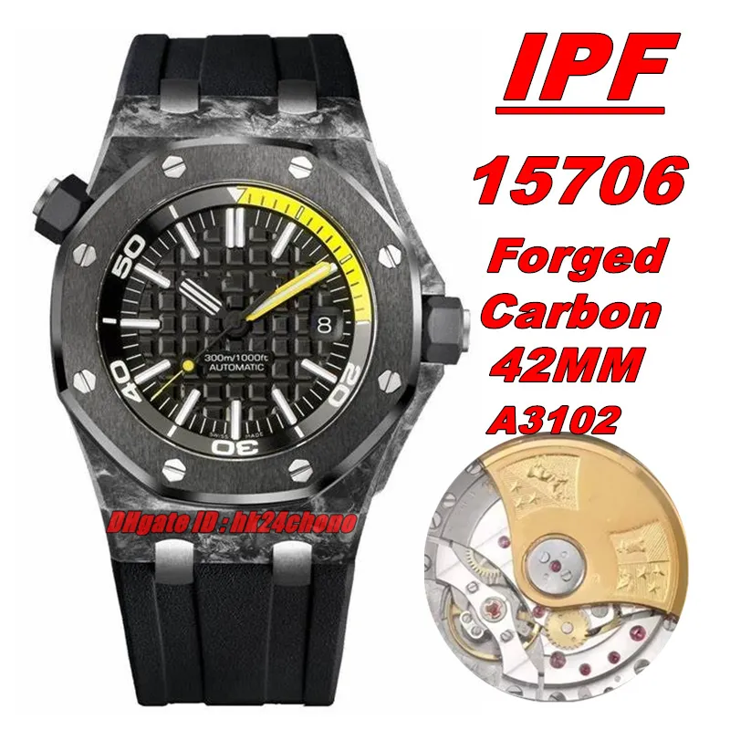 IP Watches Watches IPF 15706 Wykute węgiel 42 mm Cal.3120 Automatyczna męska zegarek ceramiczna ramka czarna wybieranie gumowe paski na rękę