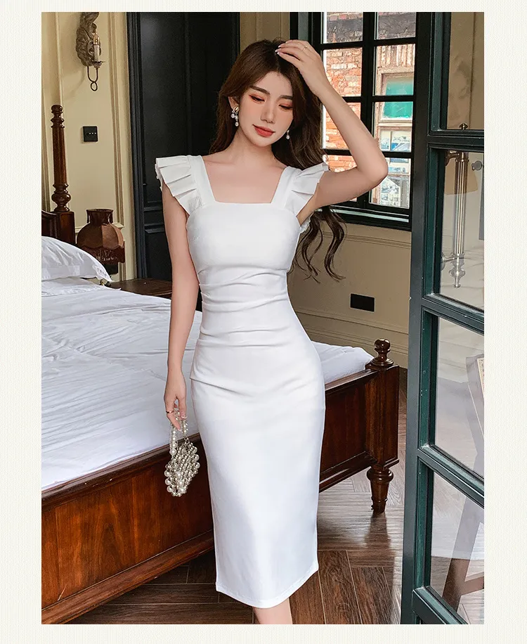 Basic Casual Dresses Summer Elegant Chic Vintage Bodycon Vestidos Simple Work Wear Dress Womens Party Sheath Pencil 2024