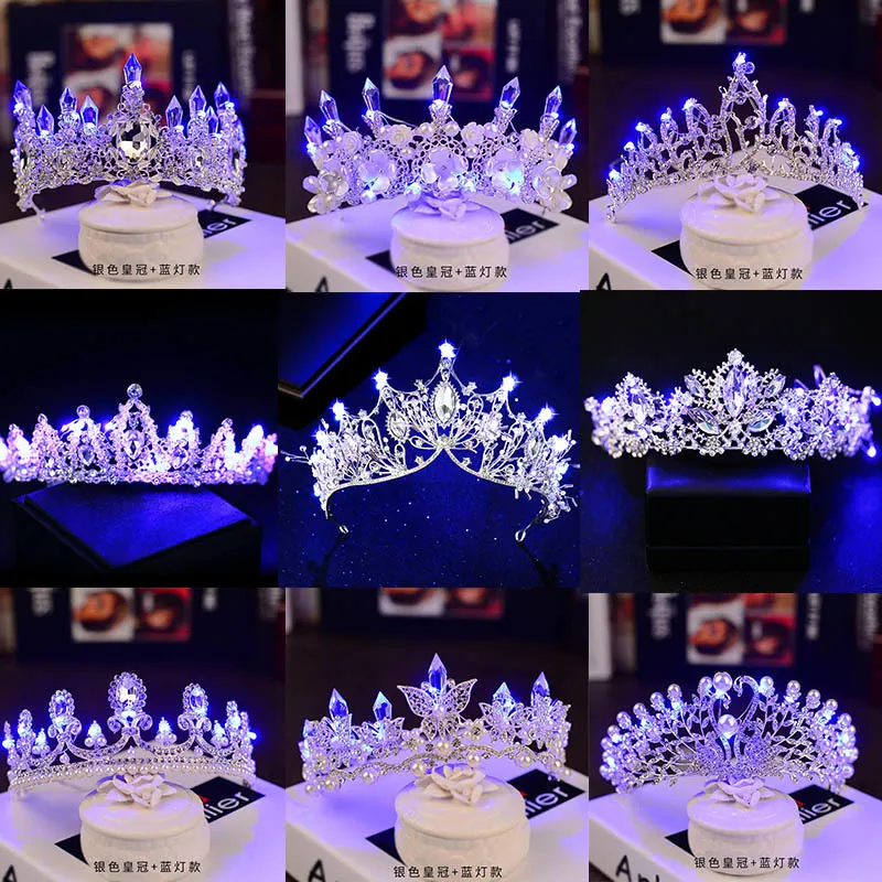 Bijoux de cheveux de mariage diadèmes brillants cristal perle couronnes de mariée avec lumière bleue LED lumineux princesse fête diadème 230909