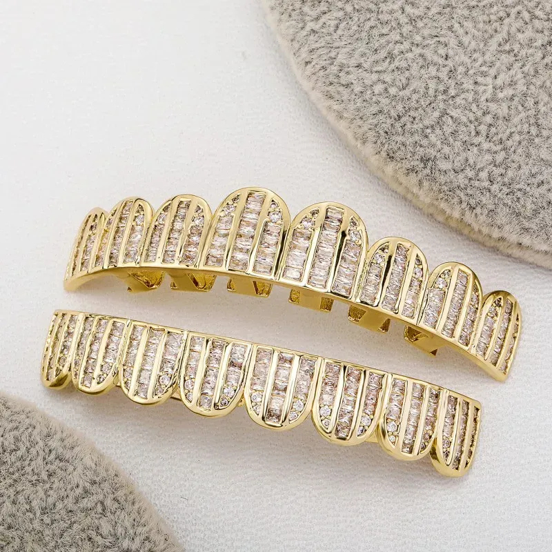 Nouvelle mode grilles argent plaqué or glacé Baguette CZ dents Grillz haut bas grilles ensemble bijoux cadeaux pour hommes