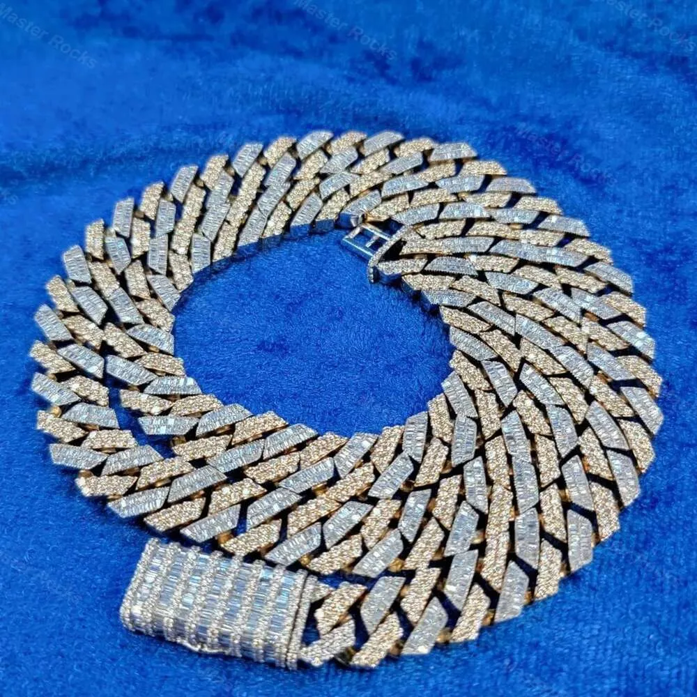 925 Silver Cuban Necklace Two Tone Color Vvs Moissanite 17mm Baguette Miami Cuban Chain Necklace