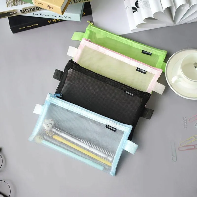 Blue Creative Mesh Transparent Cute Square Portable Pen Pencil Pouch Bag School Office Supply Stationery Case