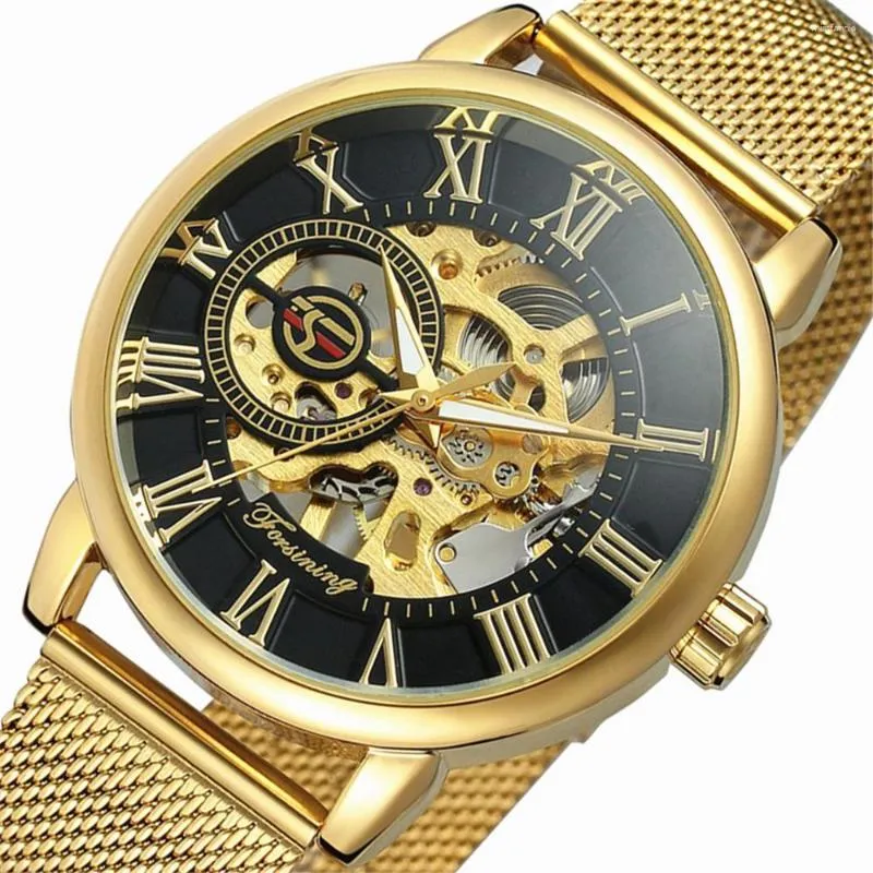 Montres-bracelets Forsining Boîtier Transparent Mode Gravure 3D Golden Acier Inoxydable Hommes Montre Mécanique Top Squelette