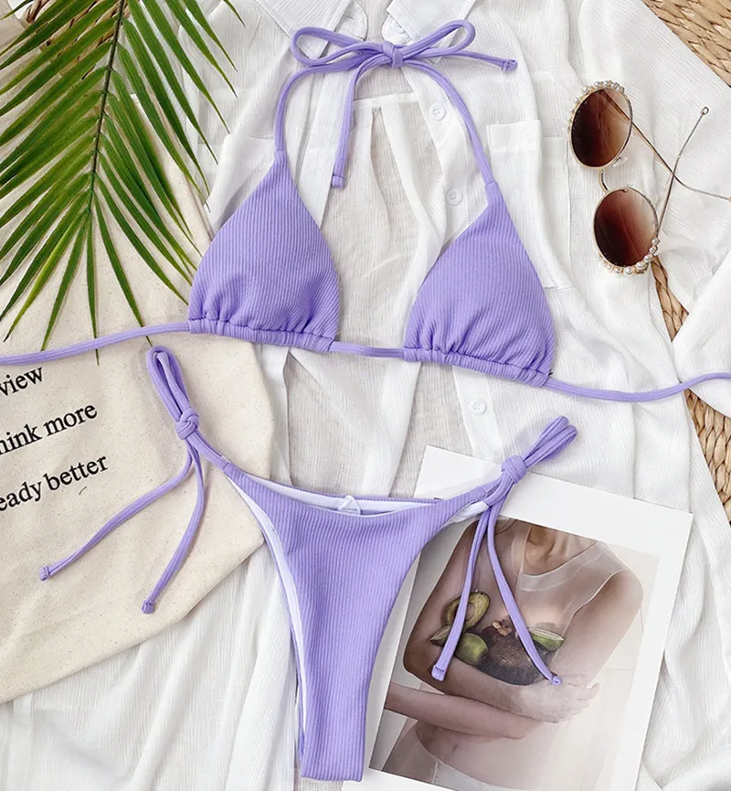 Solid Neon Swimsuit Women Bandage Beachwear Fashion Two-Piece Suits 2023 Sexig Bikini Set Low-midjig veckad vågig badkläder kostym Push Up Bathing Suple Purple Biquinis Ny