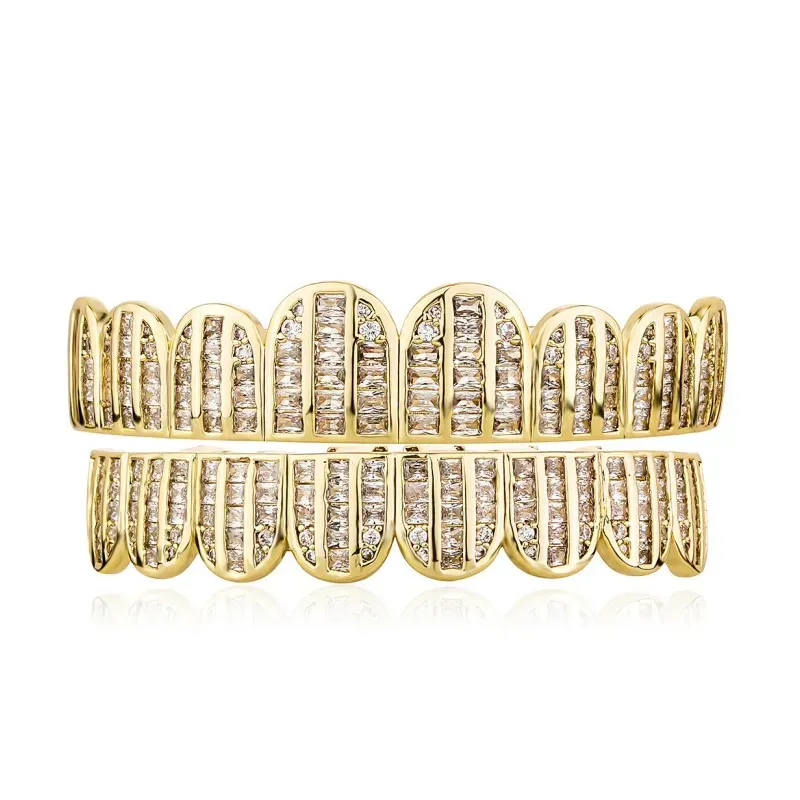 Nouvelle mode grilles argent plaqué or glacé Baguette CZ dents Grillz haut bas grilles ensemble bijoux cadeaux pour hommes