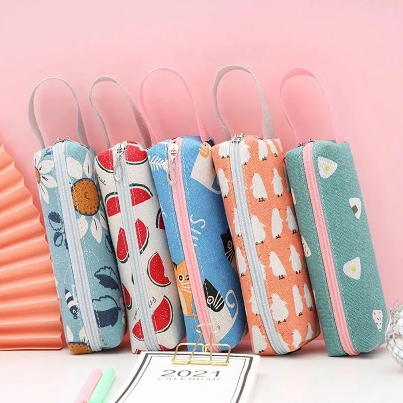 Kawaii – papeterie d'apprentissage pour étudiants, fournitures scolaires avec animaux de dessin animé, pochette à crayons, sac à stylos en toile, boîte