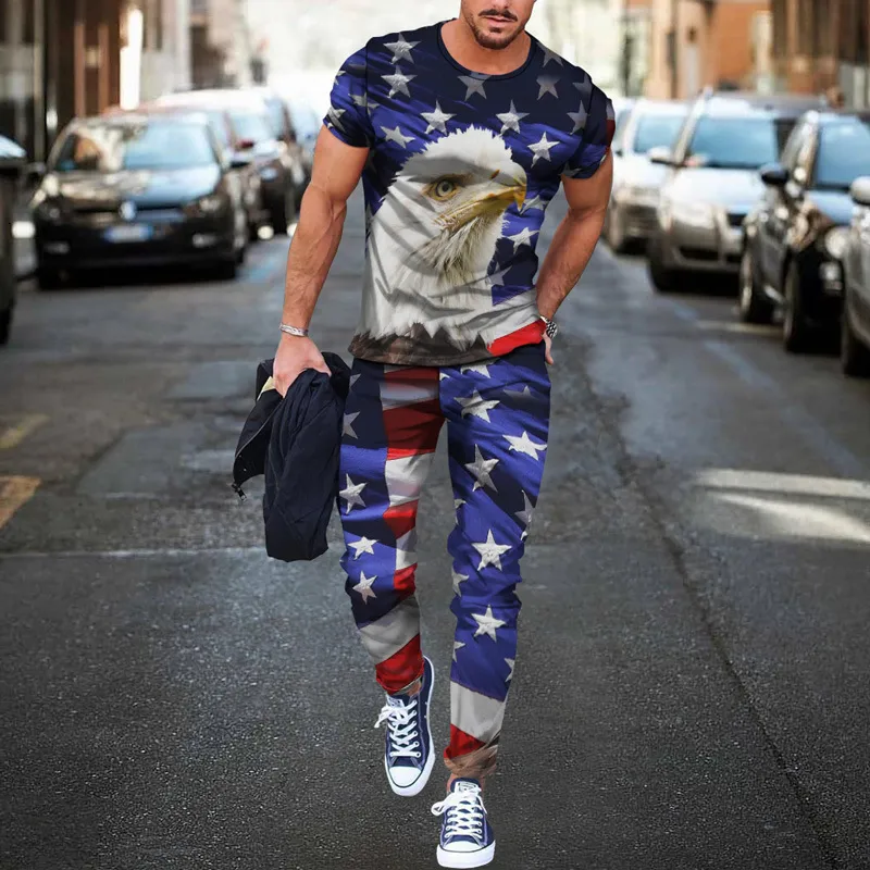 Erkek Trailsits tshirt uzun pantolon izleme Amerikan bayrağı 3D baskı tişörtleri pantolonlar 2 adet sokak kıyafeti büyük boy takım elbise spor giyim 230909