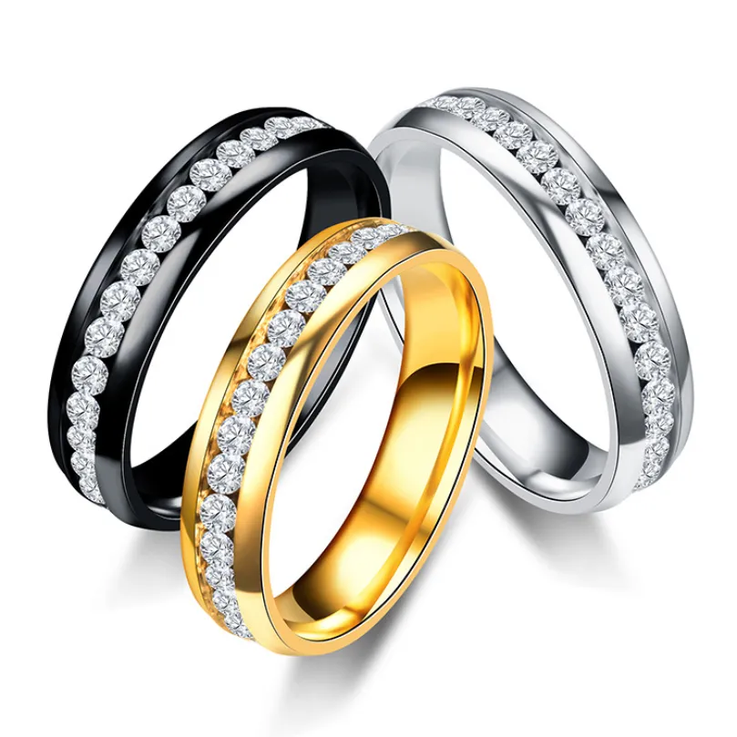 Update roestvrijstalen diamanten ring kristal verlovingsring trouwring eenvoudige rij gouden damesmode-sieraden