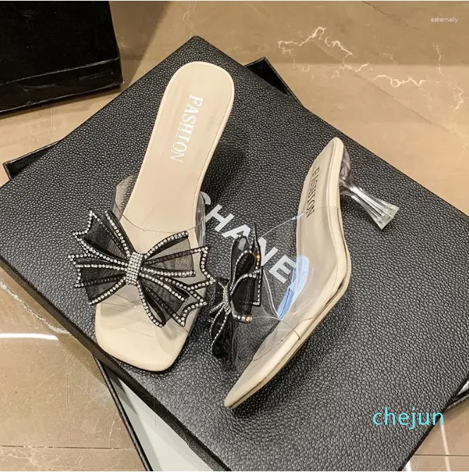 Dress Shoes Sweet Bow Ties Mules Slippers Transparent Fine Heel High Heels Sandals Open Toes Colorful Rhinestone Summers Women Big Size