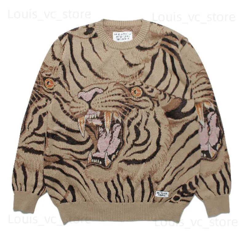 WACKO MARIA Blue/Khaki V-Neck Tiger Jacquard Cardigan