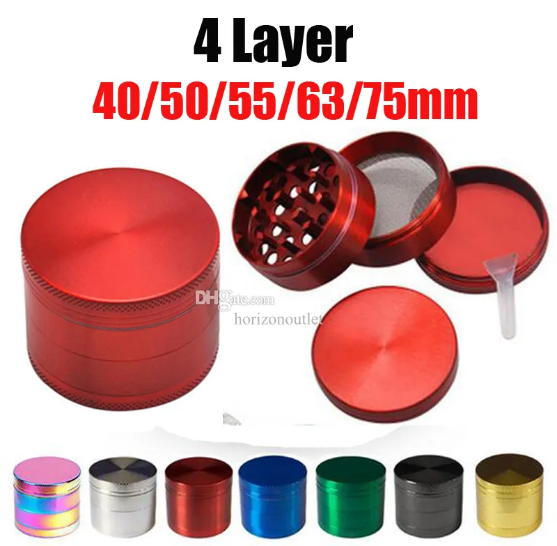 40mm 50mm 55mm 63mm 75mm 4 camadas de liga de zinco metal moedor de tabaco erva seca moedores de fumo 8 cores mão muller triturador acessórios