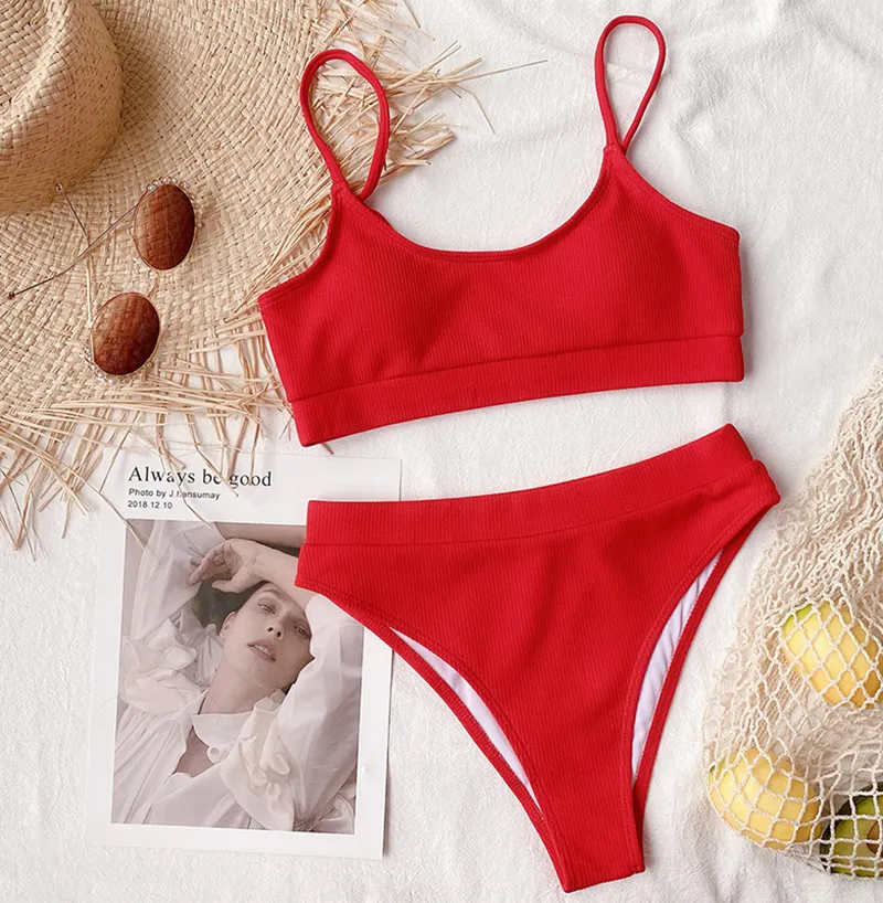 Solid Neon Swimsuit Ribbing Two-piece Suits Red Sexy Bikini Set High Waist Pleated Wavy Women Bandage BeachWear Monokini Swimwear Push Up Bathing Suit Biquinis New